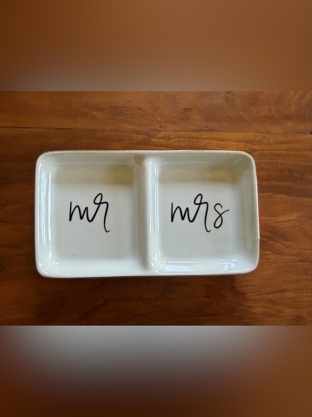 Double-Compartment Ceramic Snack Tray in White with Script Accent